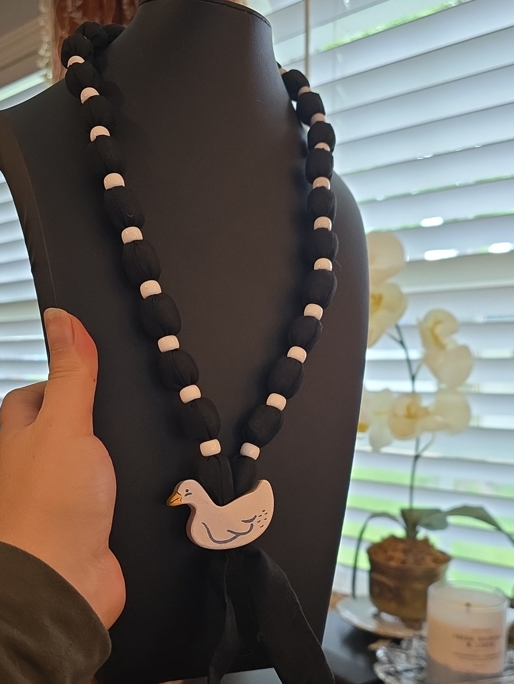 Black Fabric Bead Necklace with White Duck Pendant - Picture 1 of 4